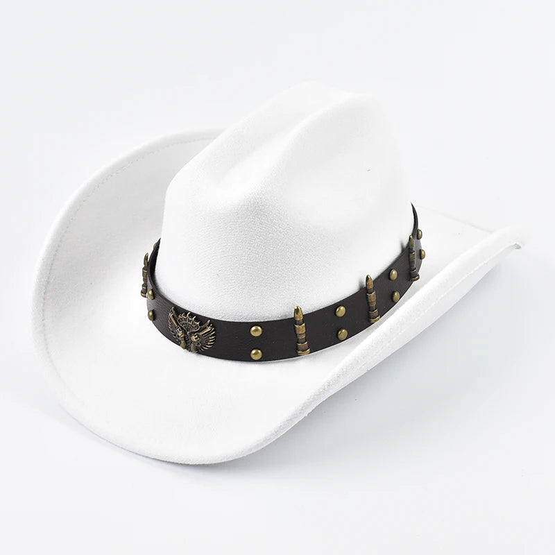 Wide Brim Western Cowboy Hat with Leather Band - Unisex Gentleman Cowgirl Cap