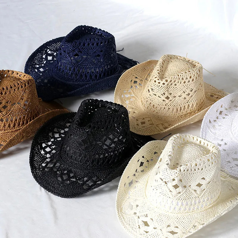 Handmade Hollow Straw Cowboy Hat - Breathable Western Sun Hat