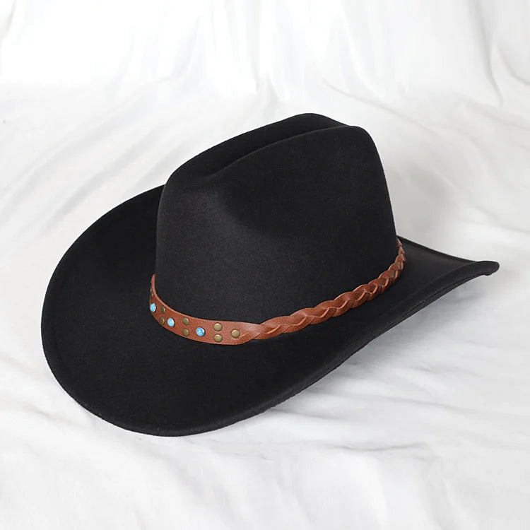 Vintage Western Cowboy Hat Wide Brim Leather Fedora for Men and Women