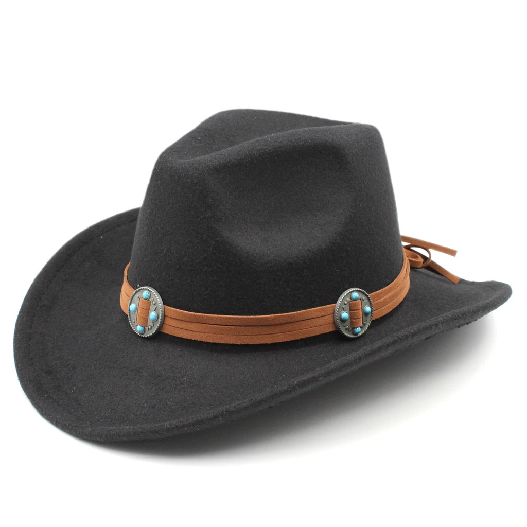 Western Cowboy Hat for Boys Girls Kids Cowgirl Fedora Cap Wide Brim with Brown Strap