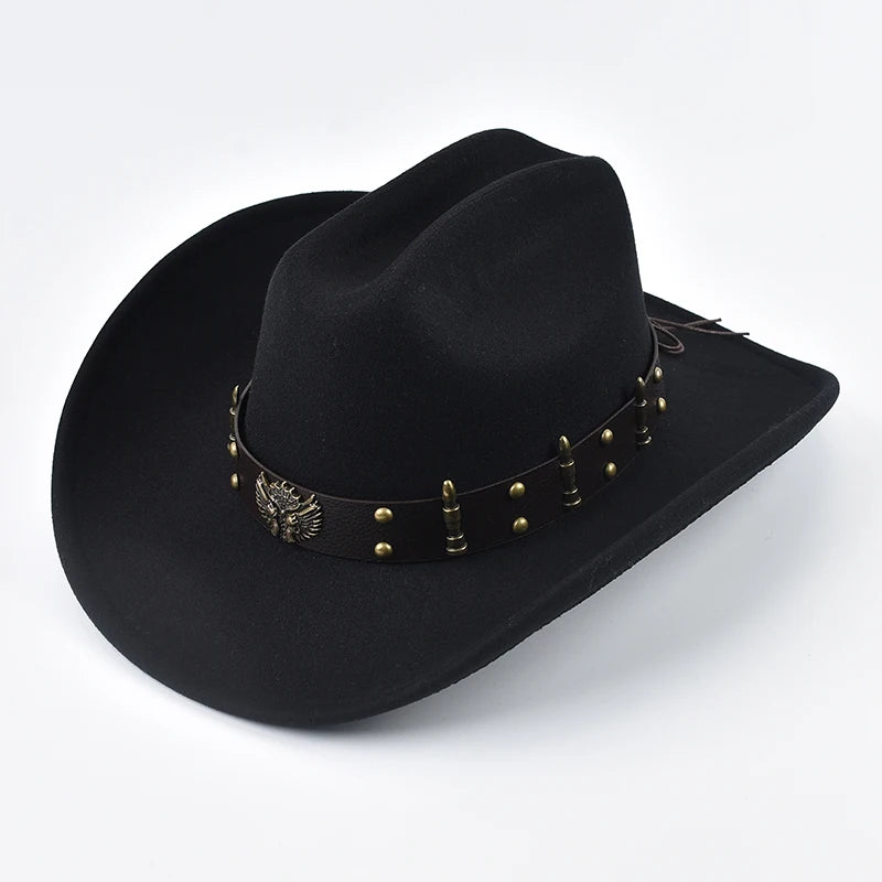 Wide Brim Western Cowboy Hat with Leather Band - Unisex Gentleman Cowgirl Cap