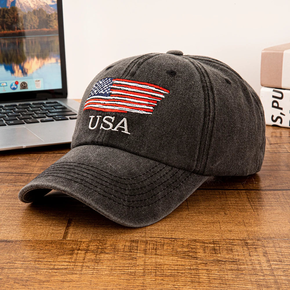 USA American Flag Embroidered Washed Cotton Baseball Cap for Men Women Vintage Adjustable Dad Hat Patriotic Outdoor